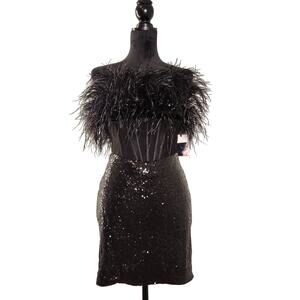 ALYCE PARIS NWT Black Sequin Mini Dress with Feathered Mesh Bodice, Size 6